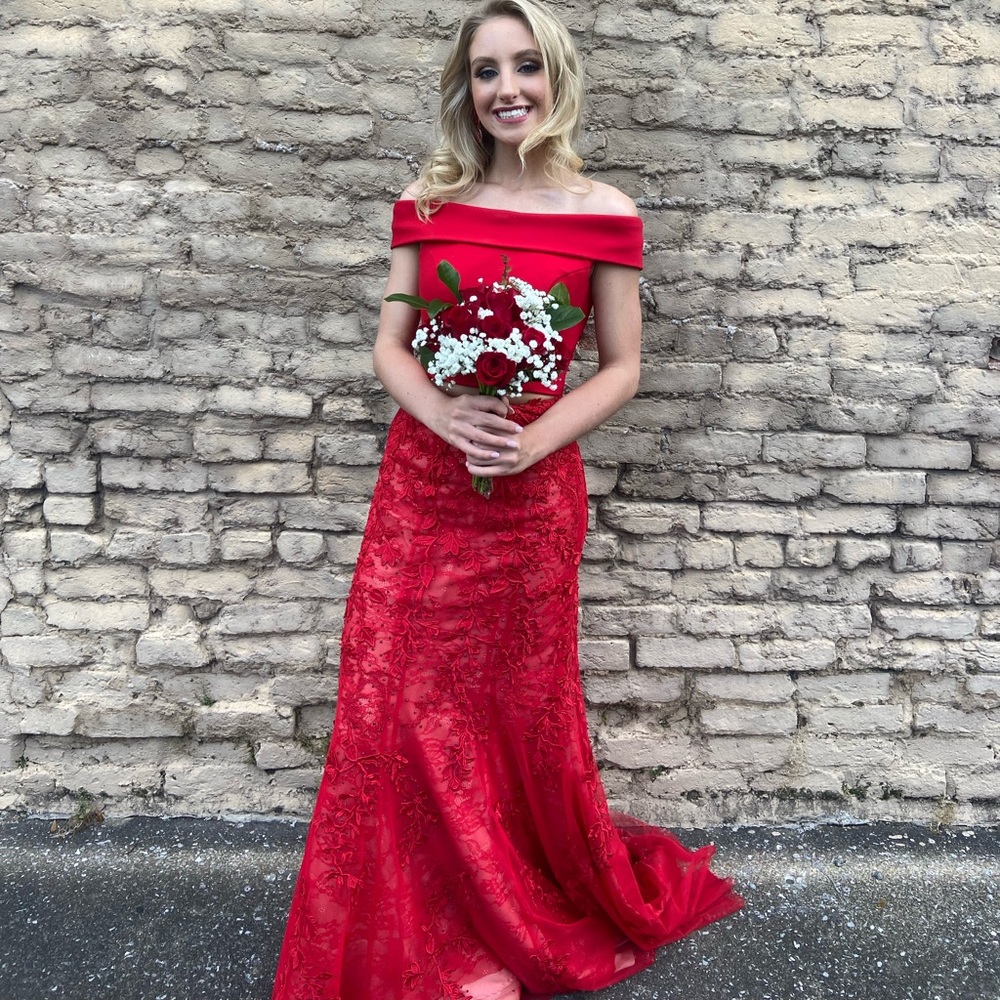 Sherri Hill Red Off-Shoulder Embroidered Prom Gown